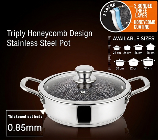 Triply Honeycomb Design Stainless Steel Pot with Glass Lid – 7 Sizes