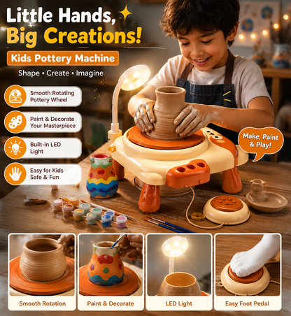 A children's pottery machine shown in a styled indoor scene with a young boy spinning a clay pot on the wheel. The image includes marketing text callouts, feature icons, and four smaller demonstration panels at the bottom showing smooth rotation, paint decoration, built-in LED light, and the easy foot pedal.
