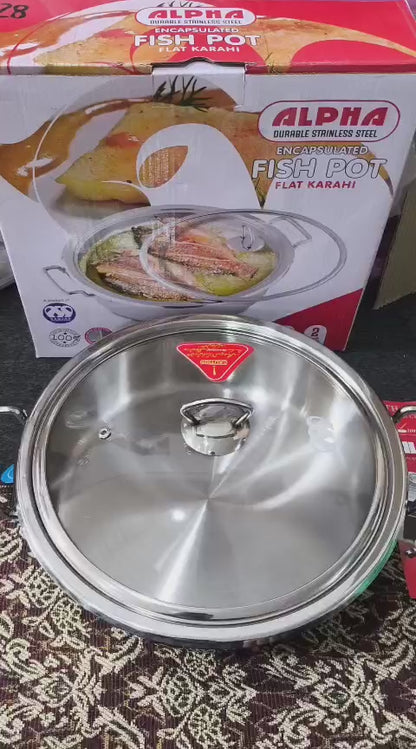 Alpha Stainless Steel Fish Pot – Flat Karahi / Lagan (28cm–40cm)