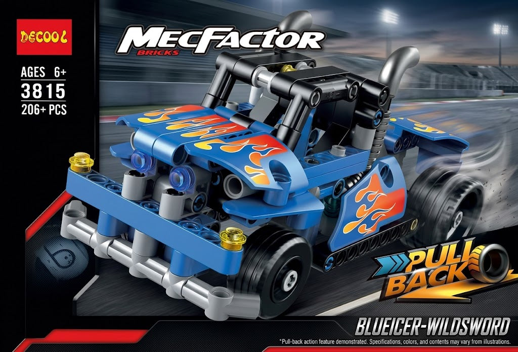 MecFactor Bricks 2 'Bluerider-Wildsword' building block toy set by Decool, featuring a blue race car with orange and yellow flame decals, presented on its retail packaging.