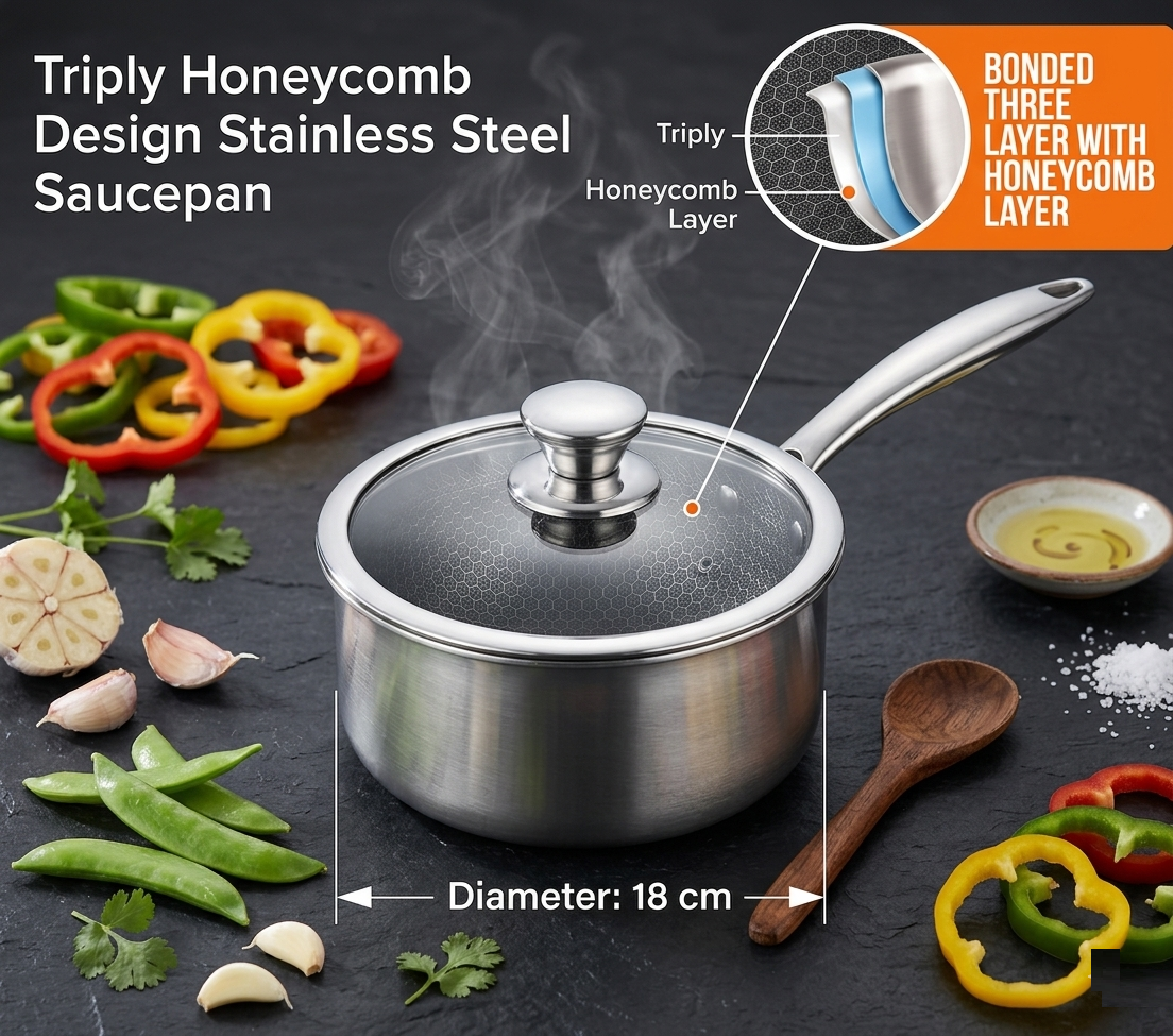 Triply Honeycomb Design Stainless Steel Saucepan – 18 cm with Glass Lid