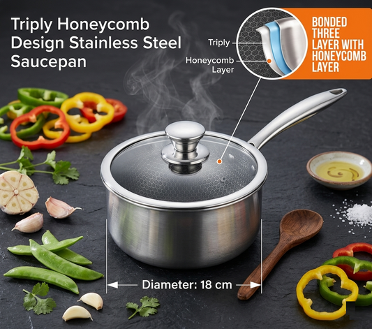 Triply Honeycomb Design Stainless Steel Saucepan – 18 cm with Glass Lid