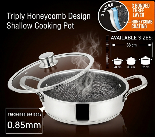 Triply Honeycomb Shallow Cooking Pot – Lagan (28cm, 30cm, 32cm)