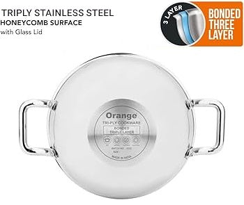 Triply Stainless Steel Honeycomb Wok Karhai (Karahi) with Glass Lid – Non-Stick Surface (26cm–32cm)