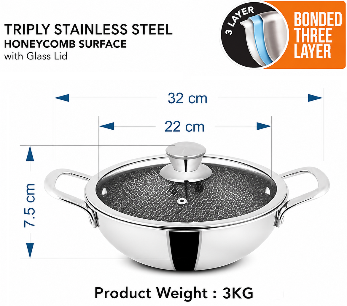 Triply Stainless Steel Honeycomb Wok Karhai (Karahi) with Glass Lid – Non-Stick Surface (26cm–32cm)