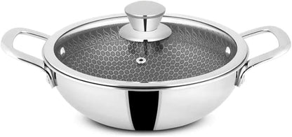 Triply Stainless Steel Honeycomb Wok Karhai (Karahi) with Glass Lid – Non-Stick Surface (26cm–32cm)